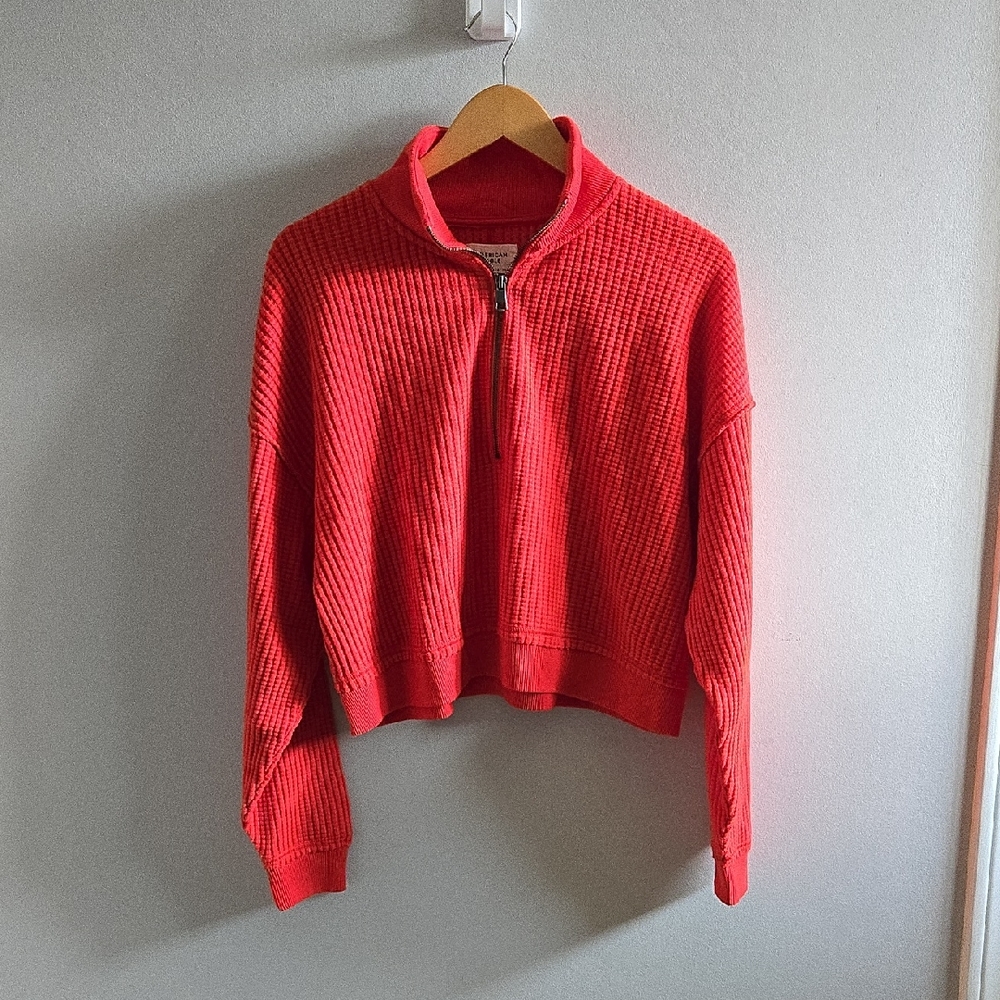NWT American Eagle 1/2 Zip Waffle Fleece Sweatshirt Cherry Tart